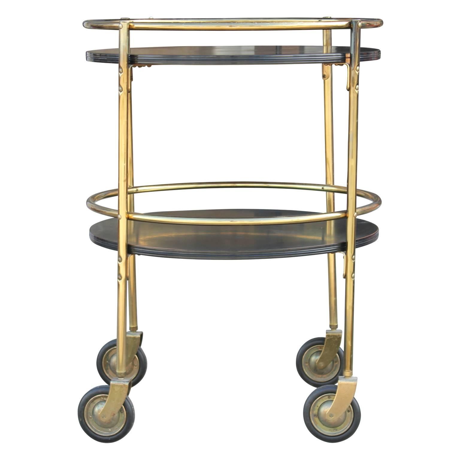 Mid-20th Century Modern Round Two Tiered Black and Brass Bar Cart or Tea Cart 