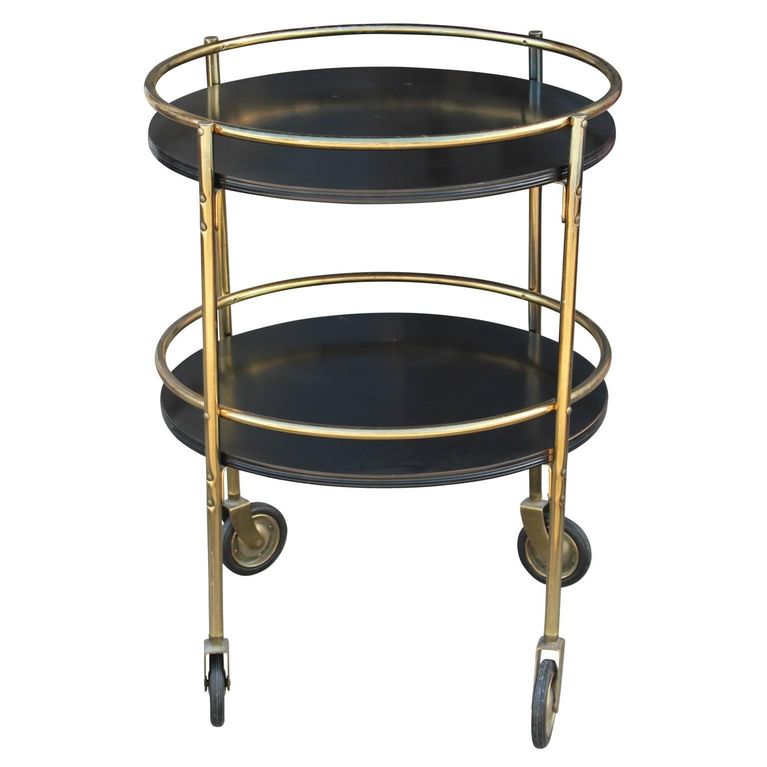 Modern Round Two Tiered Black and Brass Bar Cart or Tea Cart  In Excellent Condition In Houston, TX