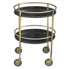 Modern Round Two Tiered Black and Brass Bar Cart or Tea Cart