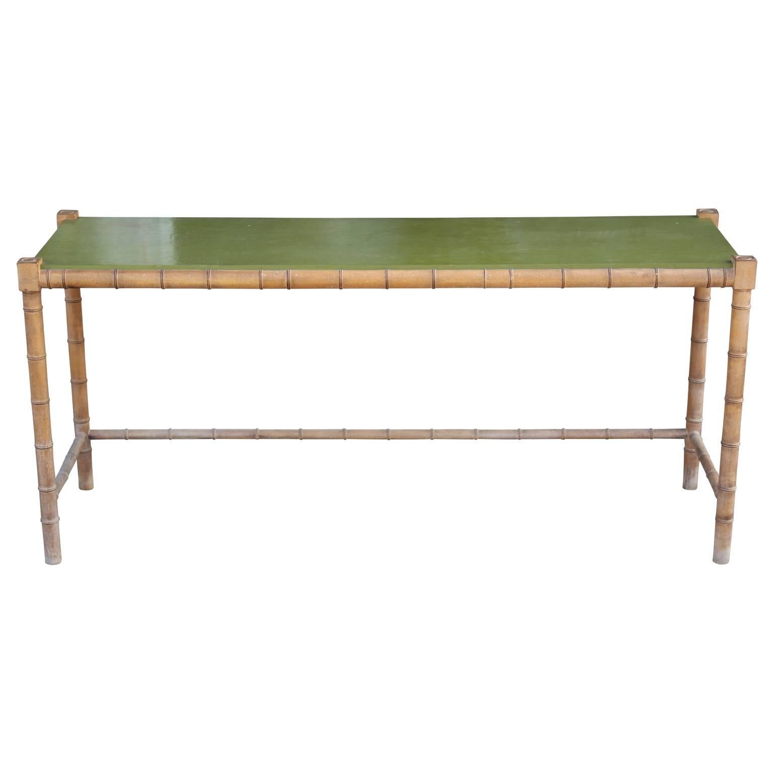 Modern Faux Bamboo and Green Top Rectangular Console or Serving Table