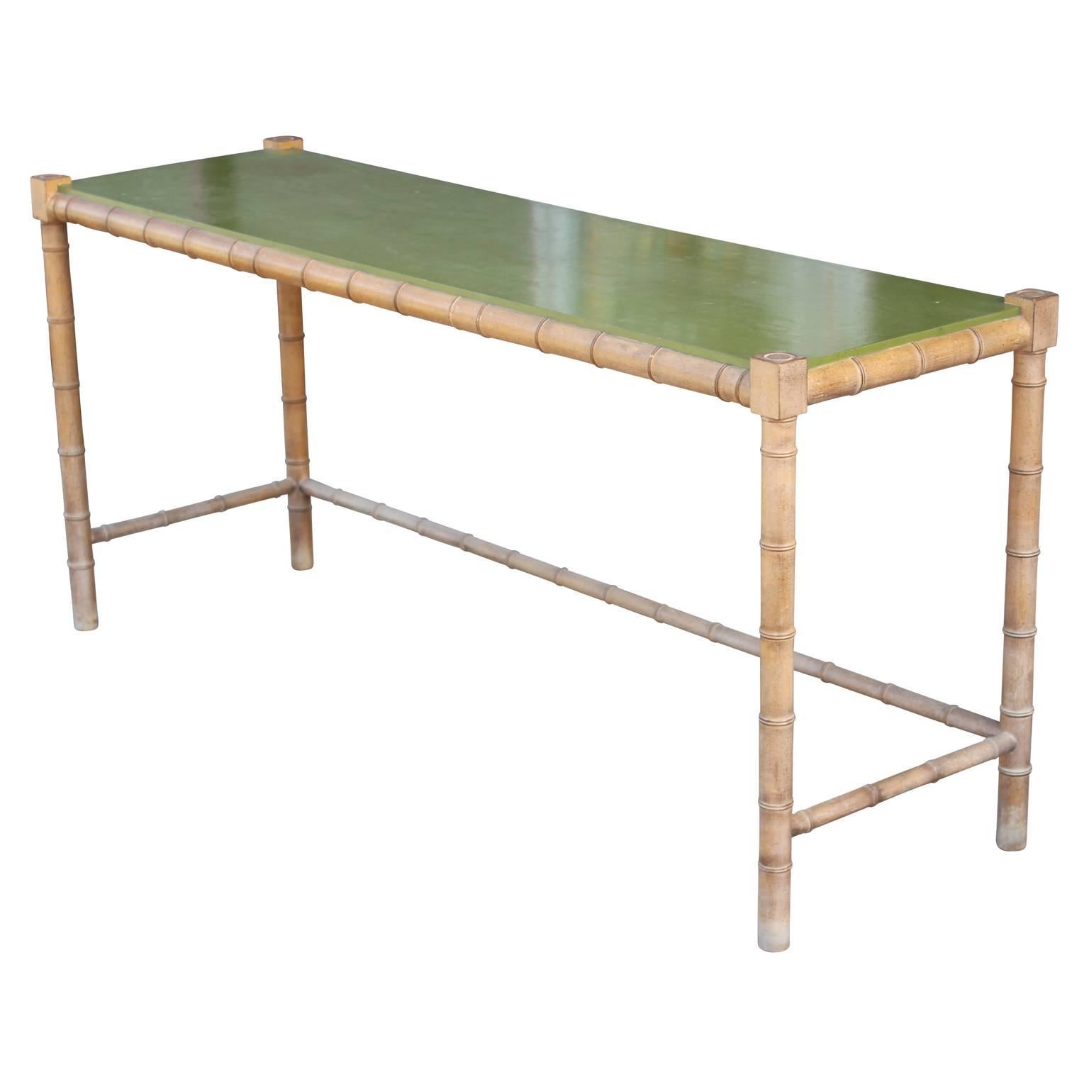 Modern Faux Bamboo and Green Top Rectangular Console or Serving Table In Excellent Condition In Houston, TX