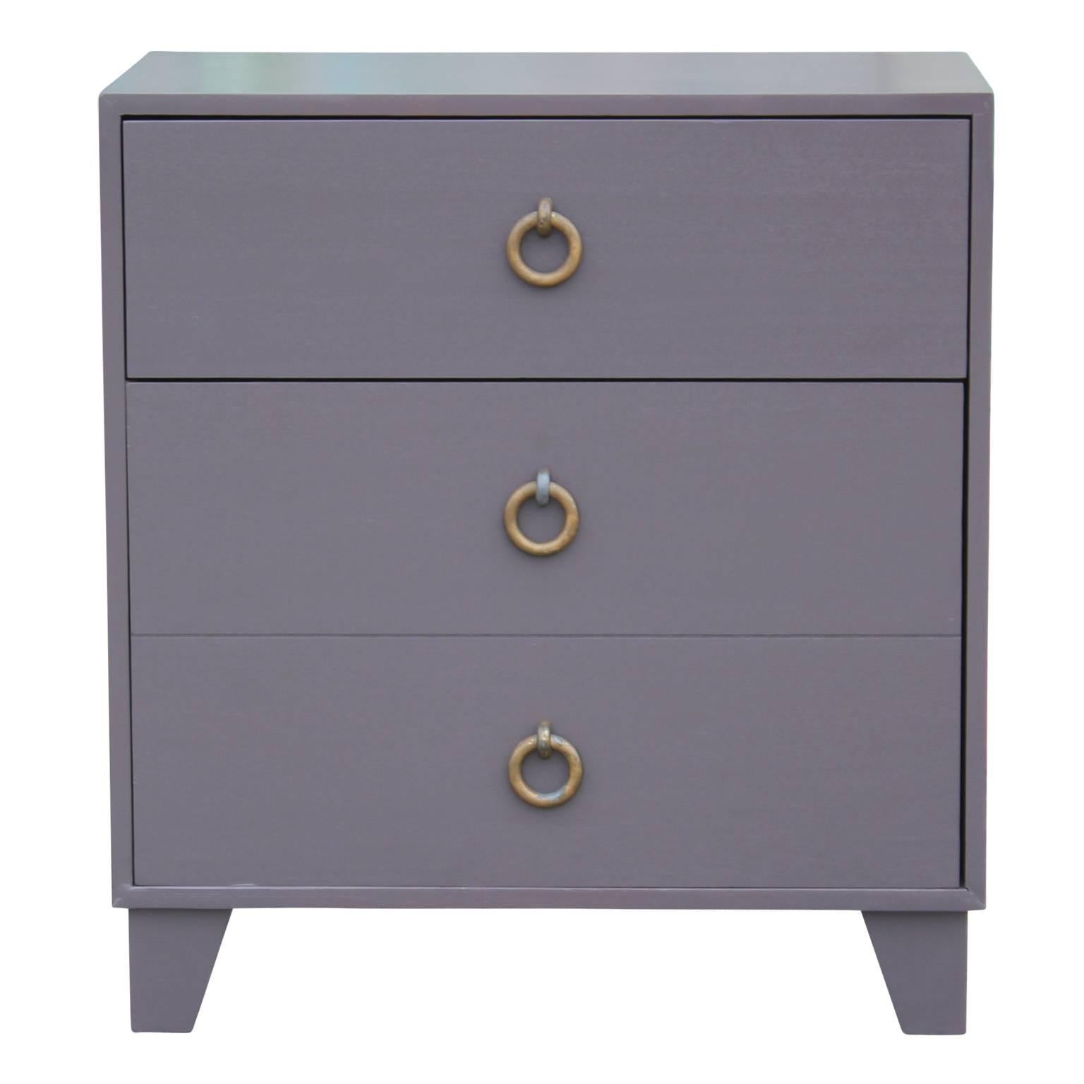 Modern Pair of Grey Lacquered Nightstands / Bachelor's Chests with Brass Handles In Excellent Condition In Houston, TX
