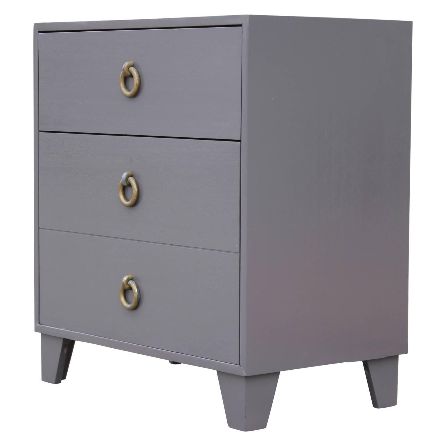 Mid-20th Century Modern Pair of Grey Lacquered Nightstands / Bachelor's Chests with Brass Handles