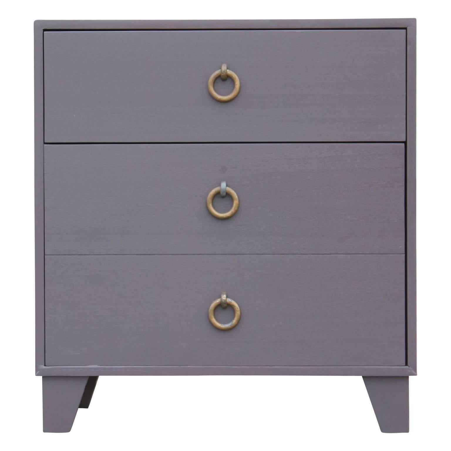 Gorgeous pair of modern nightstands or bachelor's chests freshly lacquered in a gorgeous grey and outfitted with brass ring handles with a lovely patina. Lined in cedar - so pretty!
