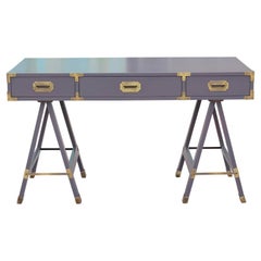 Modern Grey Lacquered Baker Style Campaign Desk with Brass Hardware