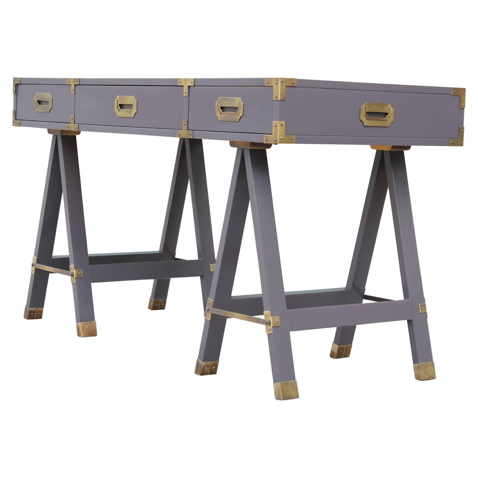Modern Grey Lacquered Baker Style Campaign Desk with Brass Hardware In Excellent Condition In Houston, TX