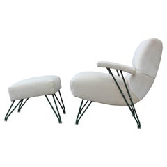 Modern California Style White Velvet Lounge Chair & Ottoman with Green Iron Legs