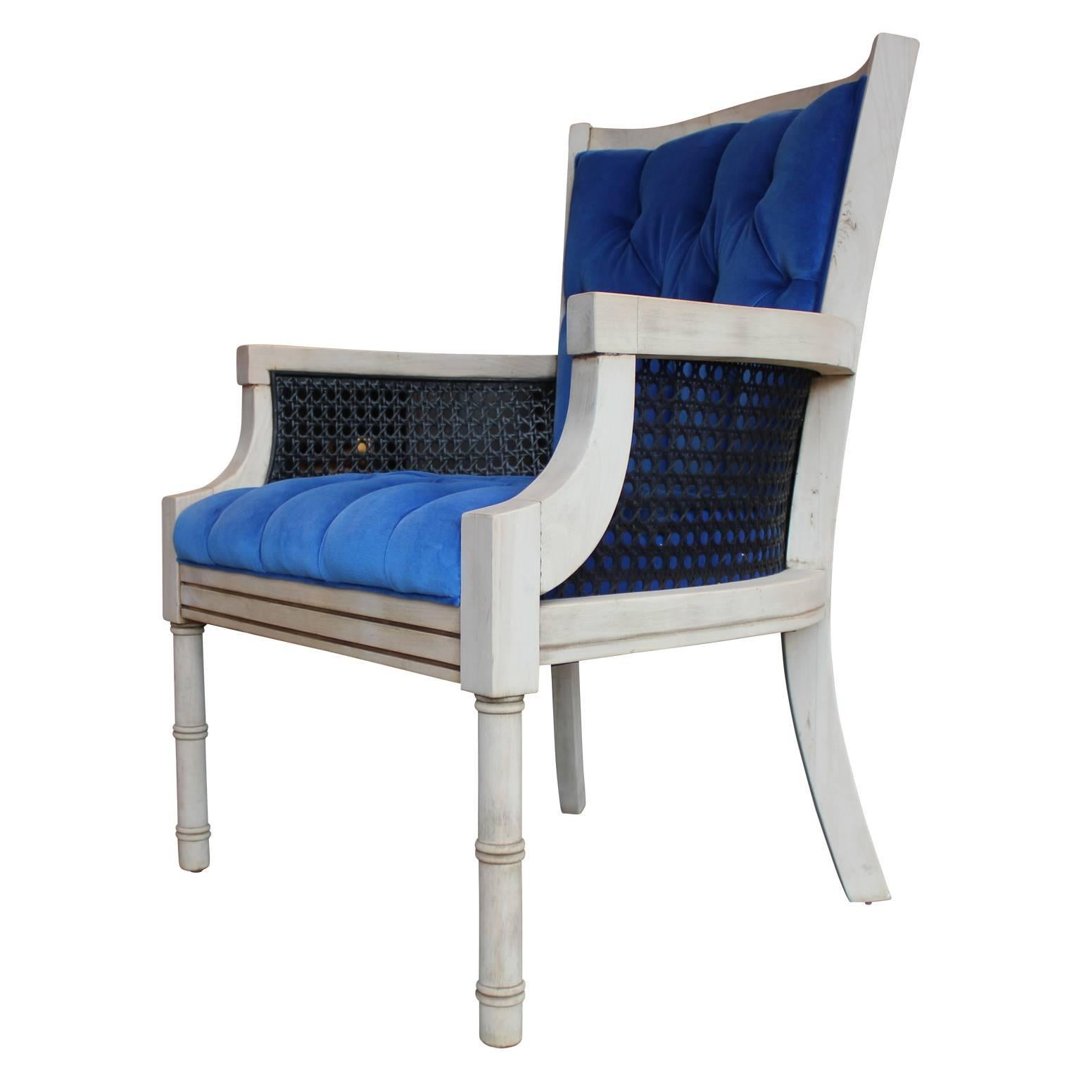 blue velvet tufted chair