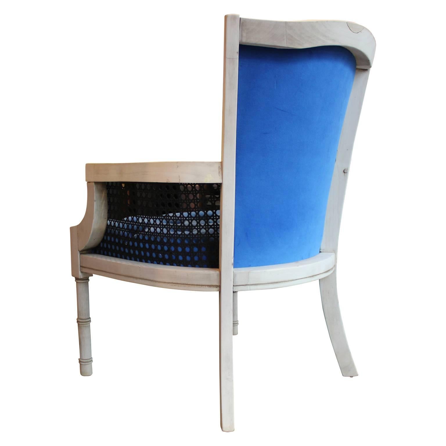 Modern French Tufted Blue Velvet Bleached Lounge Chair with Cane Sides In Excellent Condition In Houston, TX