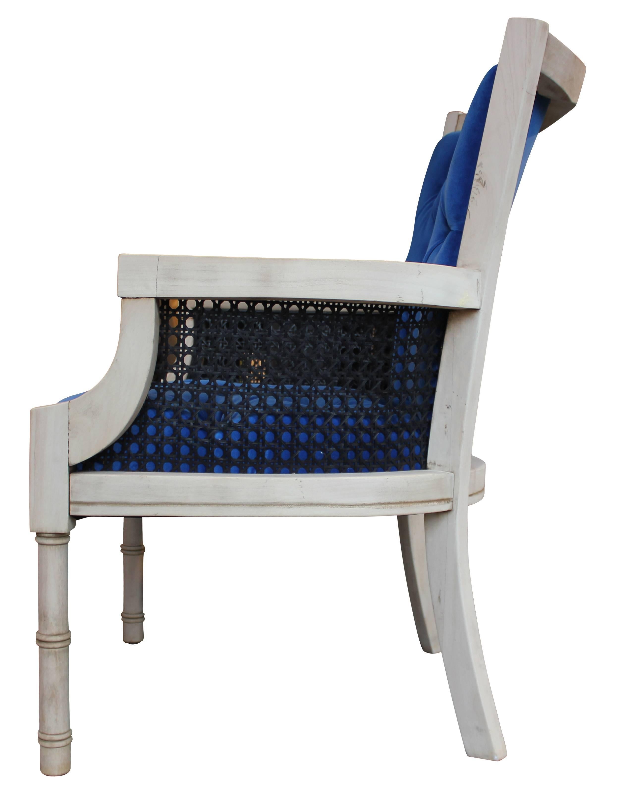 Mid-Century Modern Modern French Tufted Blue Velvet Bleached Lounge Chair with Cane Sides