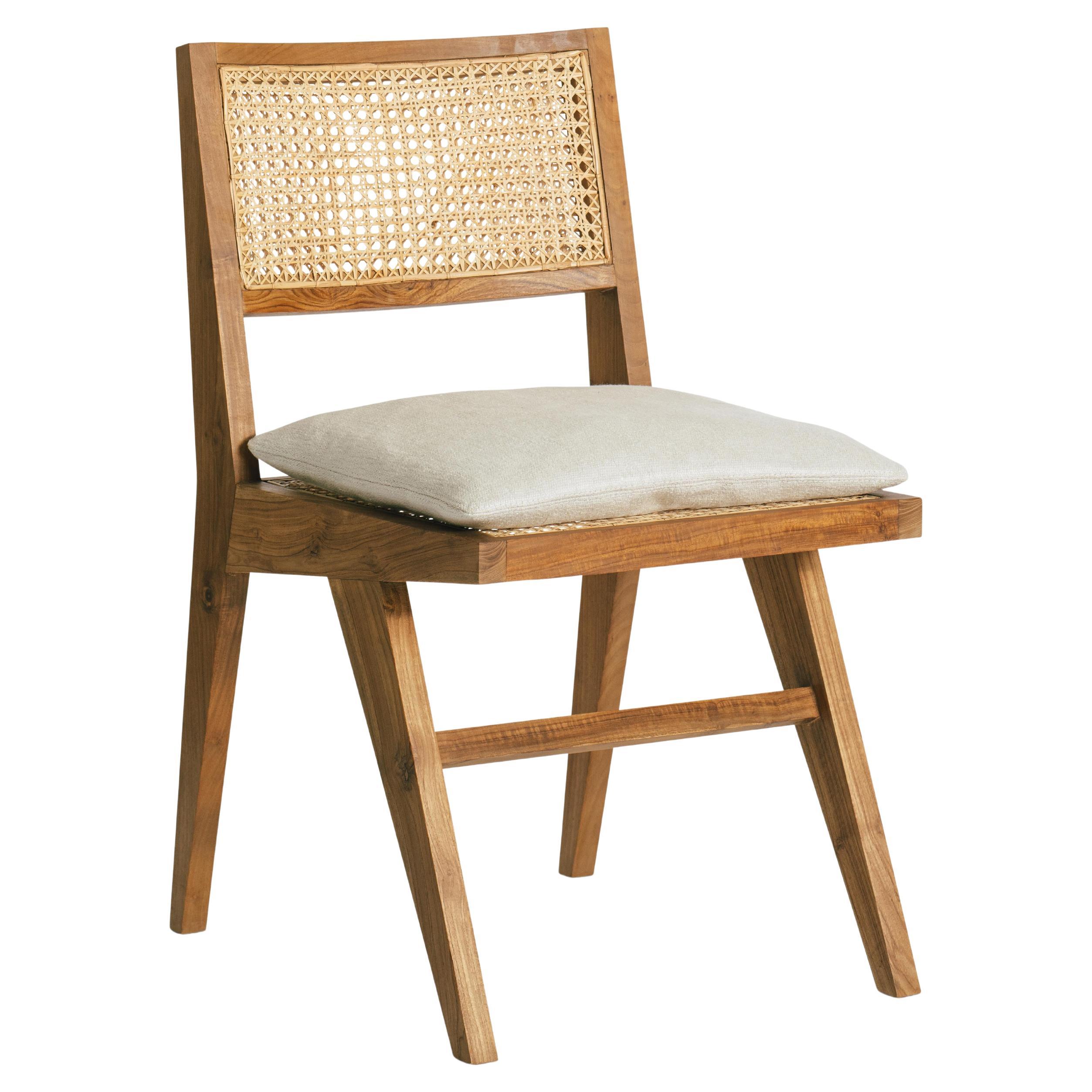 Talalla Dining Chair Handmade in Teak Rattan Linen Mid Centruy Style, In Stock
