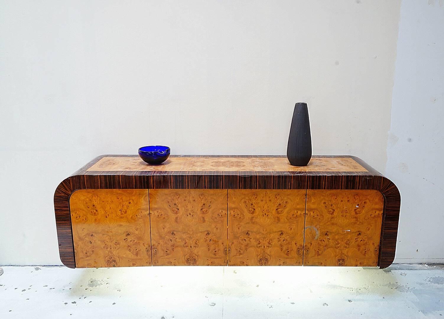 Mid-Century Modern Rare Rosewood and Burl Wood Floating Credenza with Lights by Pace Collection For Sale