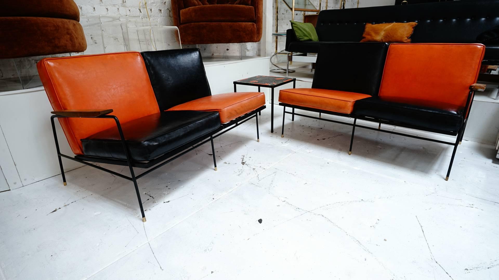 All original with the original Naugahyde cushions. 

A sectional or one long outdoor or indoor sofa.
  