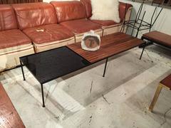 California Modern Iron, Slat Wood and Black Glass Cocktail Table, 1960s