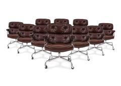 Set of Ten Vintage Eames "Time Life Chairs" in Chocolate Brown Italian Leather