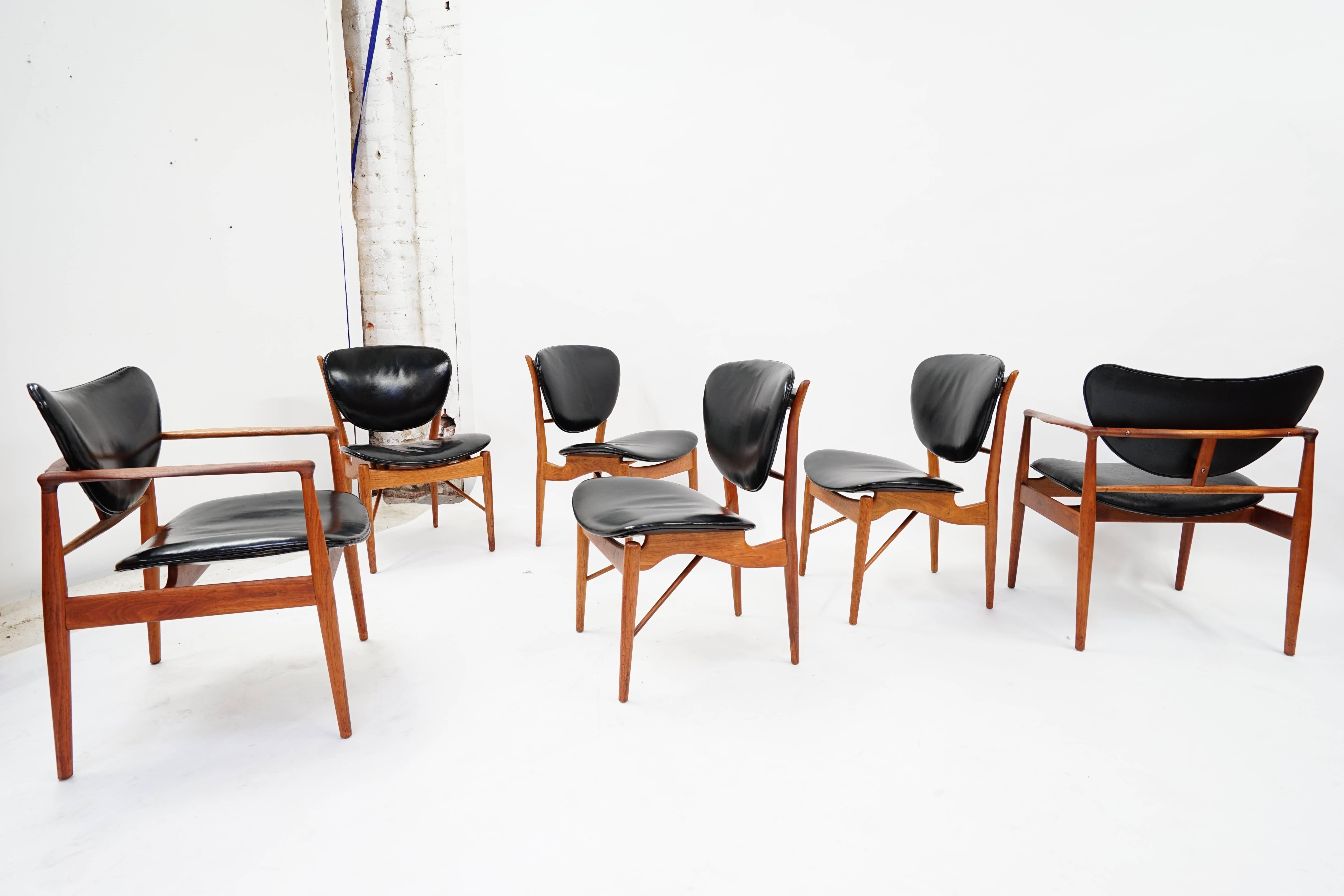 Mid-20th Century Set of Six Early Finn Juhl Walnut Dining Chairs with Original Ox Hide  For Sale