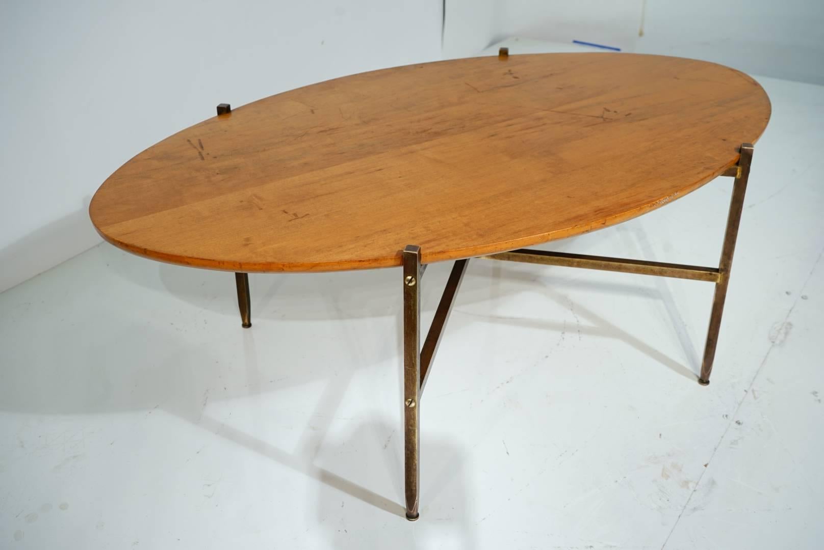 Extremely rare and early Milo Baughman architectural coffee table with solid brass base, circa 1950.