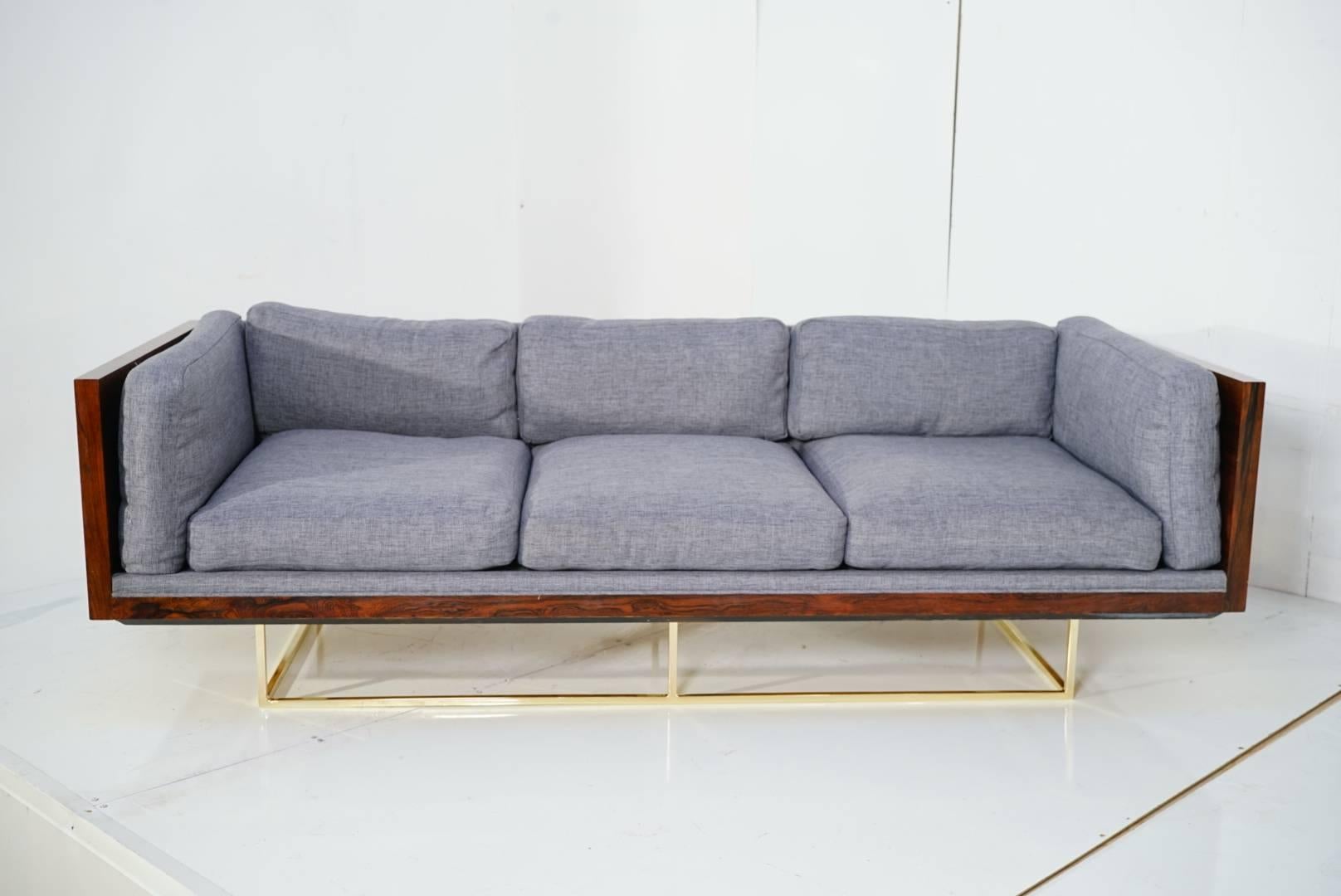 Mid-Century Modern Stunning Milo Baughman Floating Rosewood and Brass Tuxedo Sofa For Sale