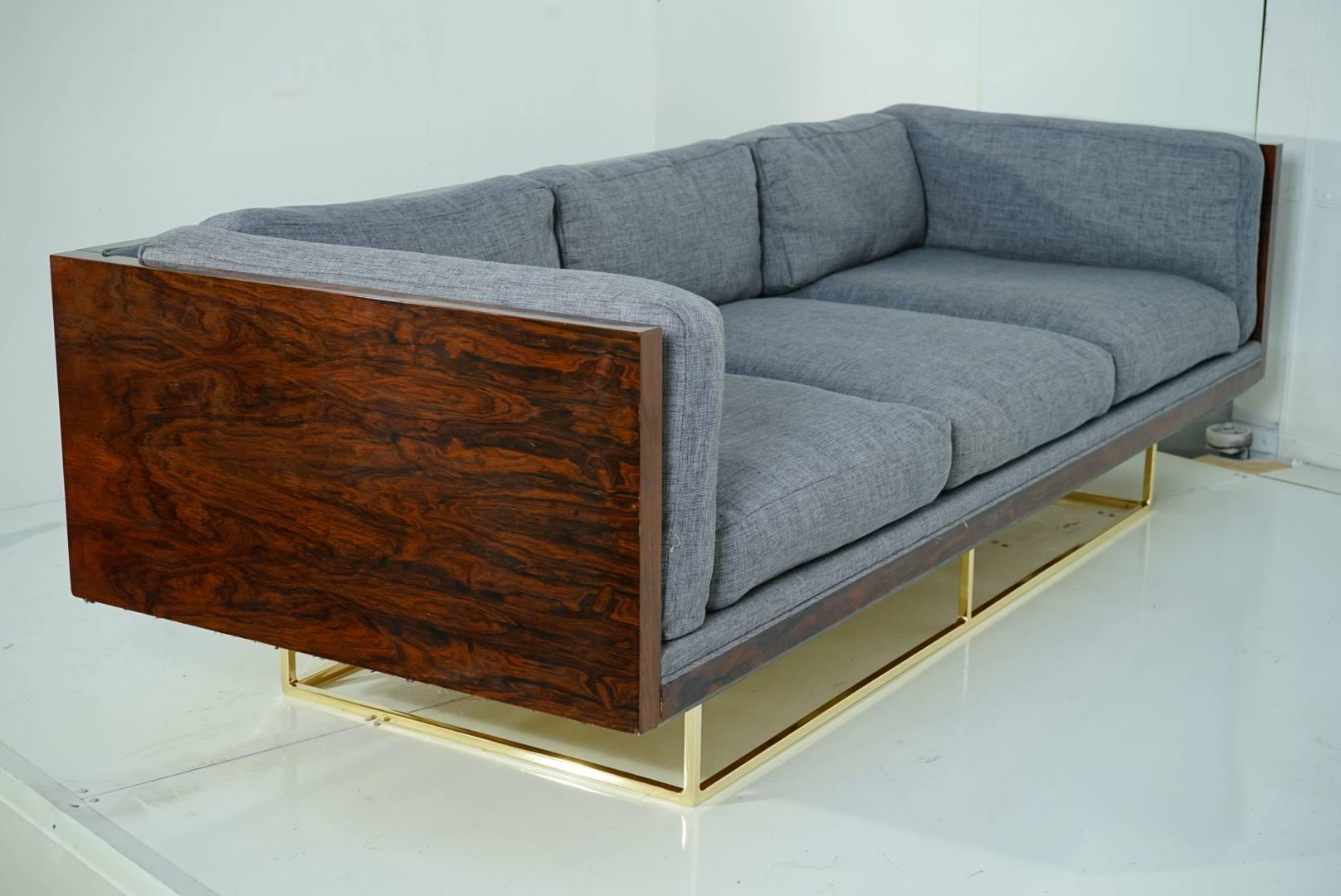 Stunning Milo Baughman Floating Rosewood and Brass Tuxedo Sofa In Excellent Condition For Sale In Los Angeles, CA