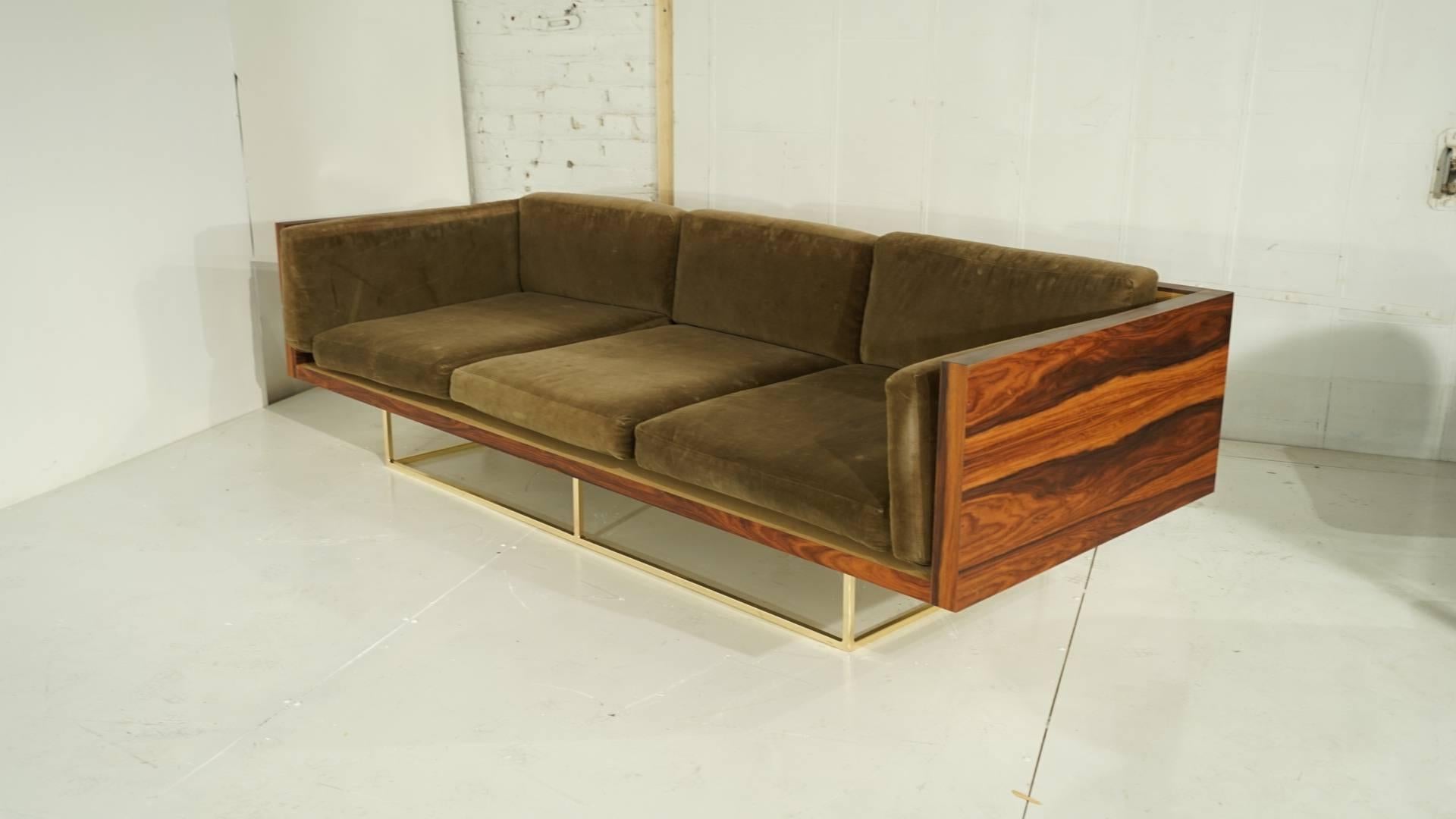 Absolutely gorgeous rosewood Tuxedo or wood case sofa floating on polished brass frame by Loft Thirteen Gallery, also available in dark walnut burl wood. Any custom sizes please contact Loft Thirteen. 

Very high quality with the best