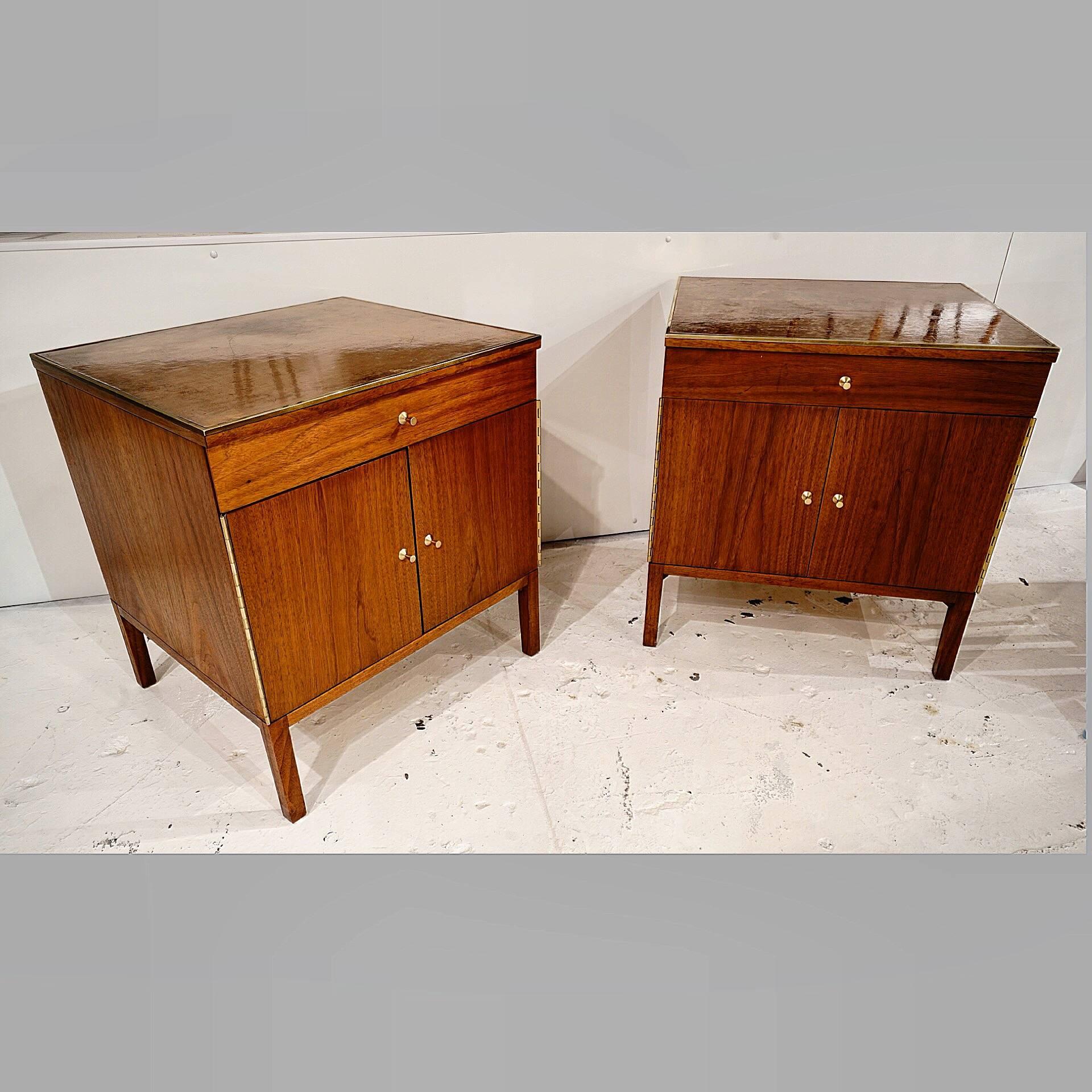 Brass Magnificent Pair of Paul McCobb Nightstands with Leather Top