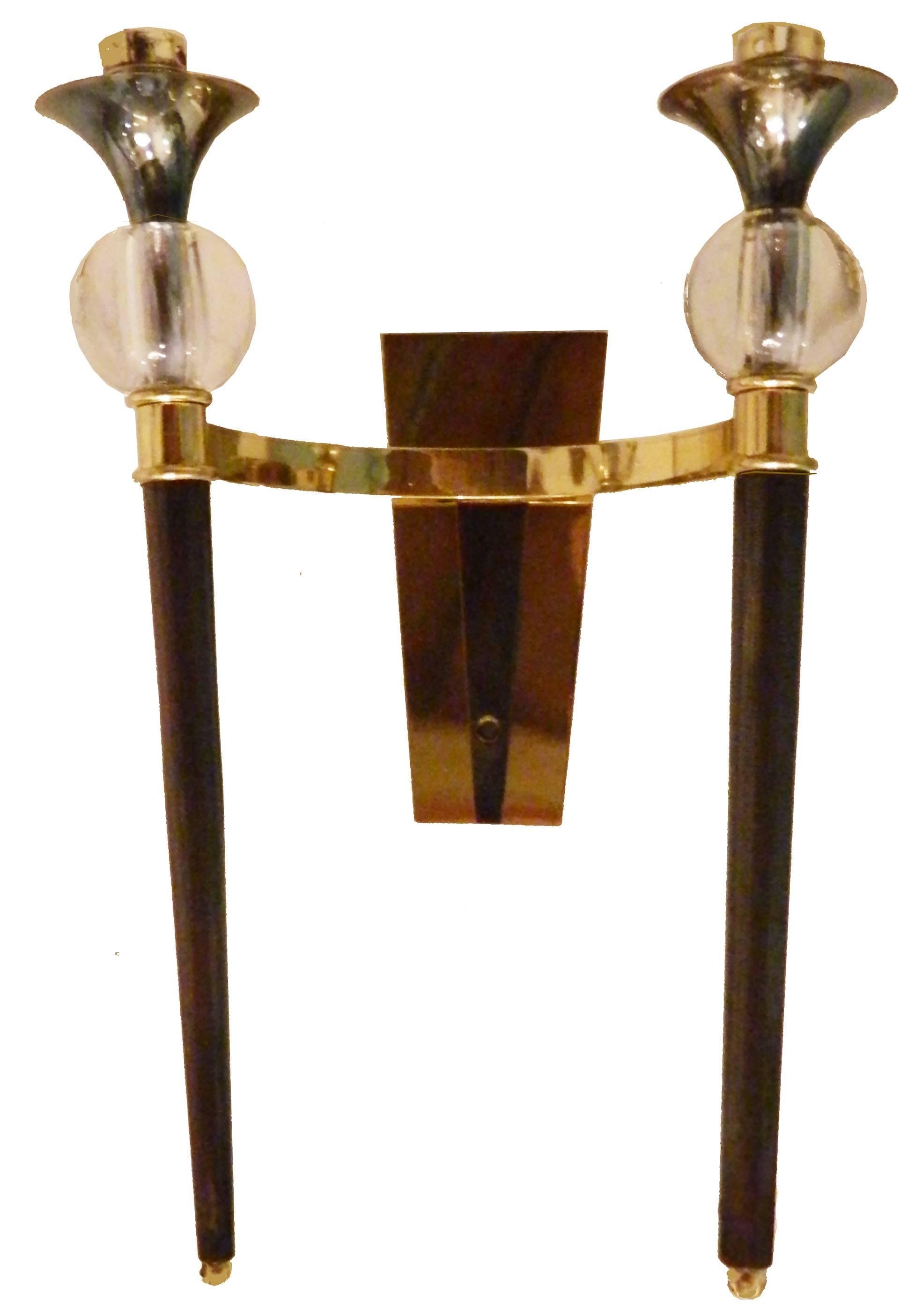 Impressive pair of Maison Jansen sconces, two-tone brass and gun metal, glass
ball and brass.
Size without shades : 14.5