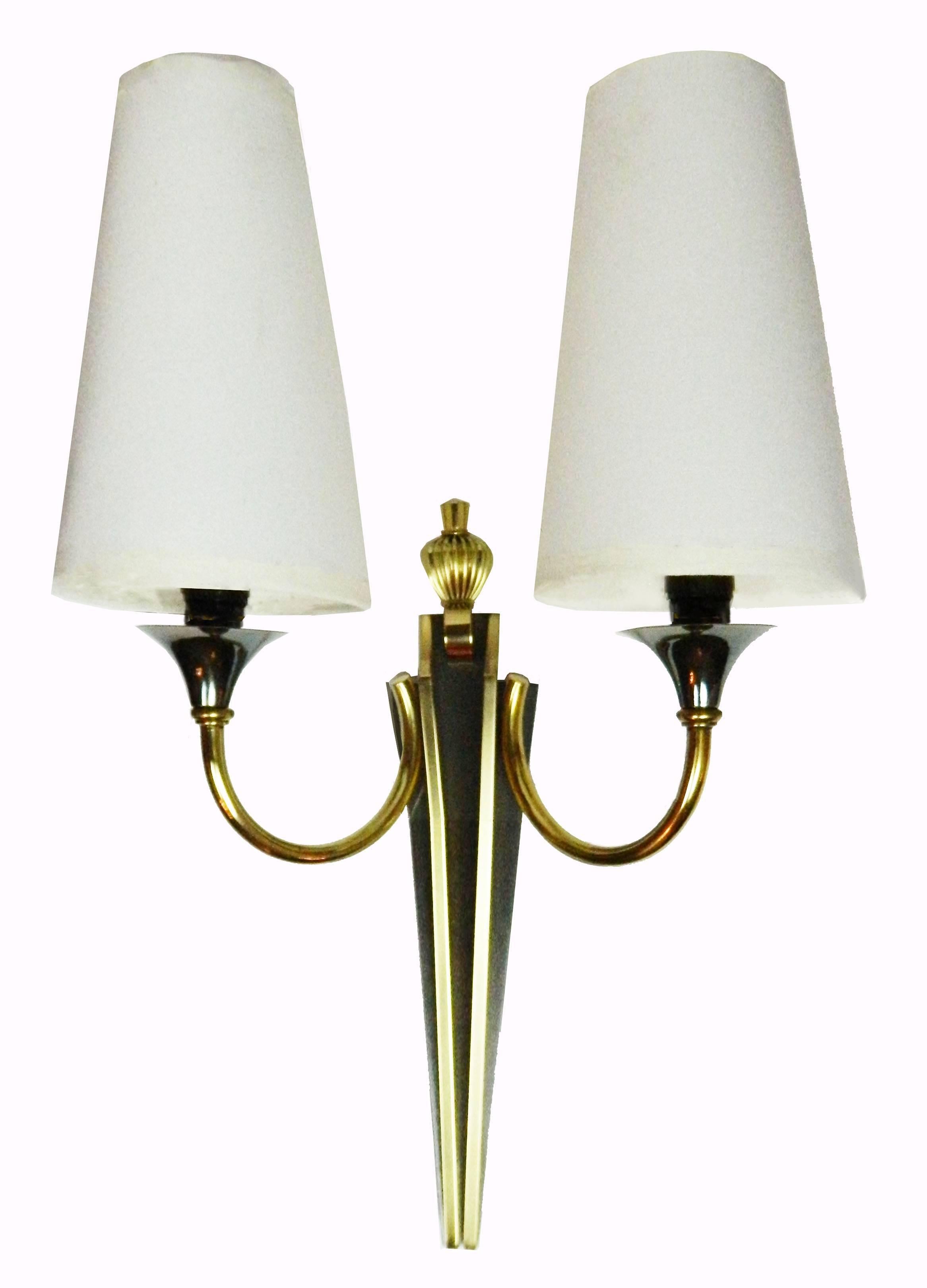 Maison Jansen Gold and Black Pair of Sconces In Excellent Condition For Sale In Miami, FL