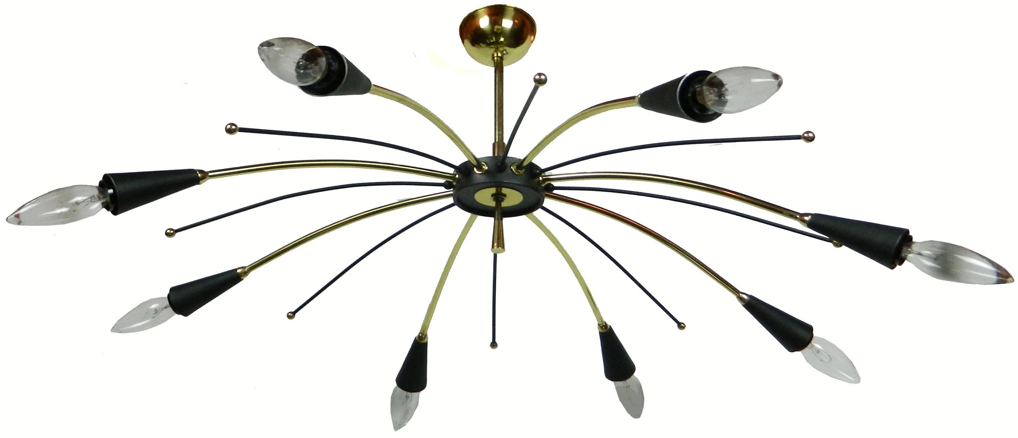Superb Stilnovo style eight lights flush mount chandelier. 
US rewired and in working condition. 
60 watts max per bulb.