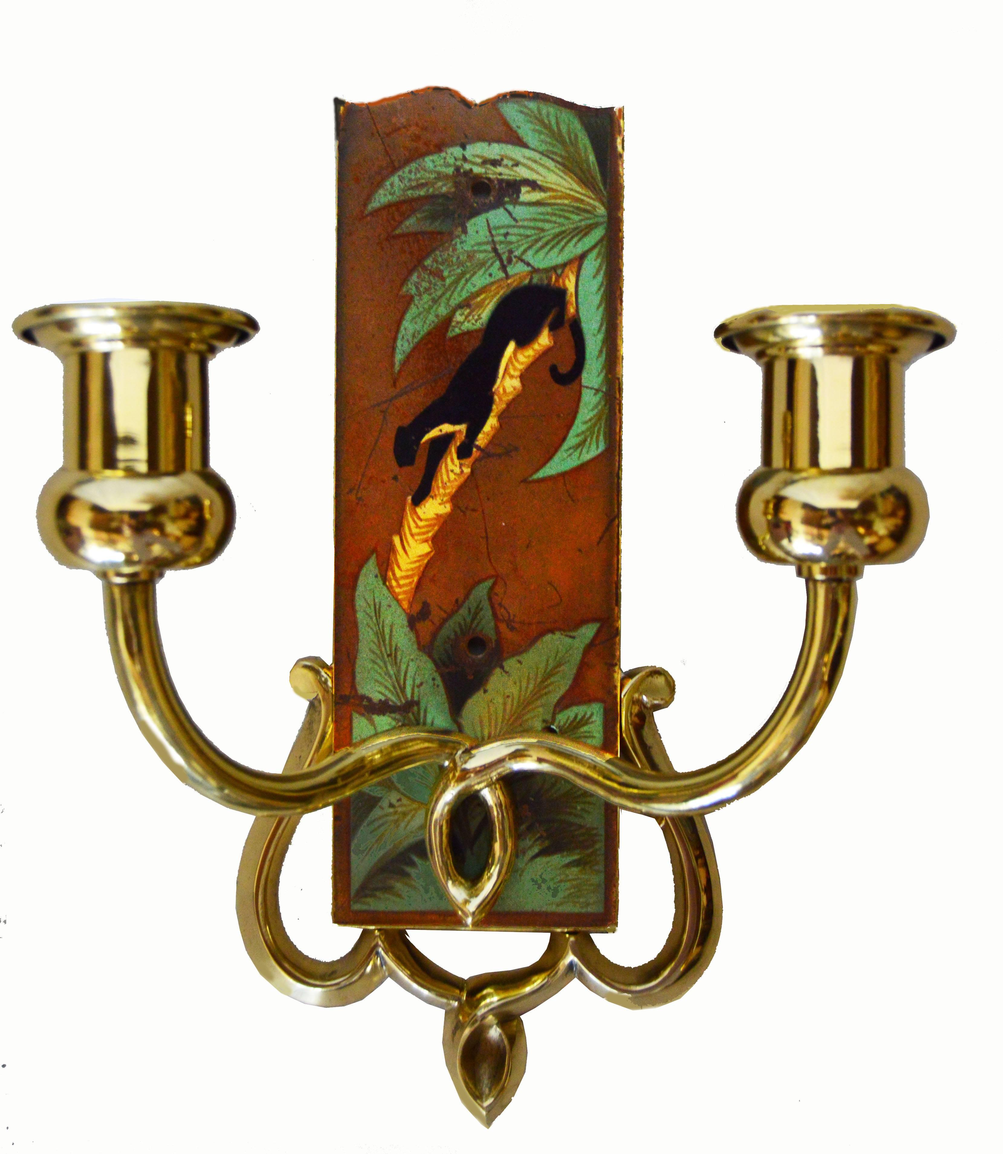 Art Nouveau  Pair of Painted Sconces in the Style of Paul Jouve In Good Condition For Sale In Miami, FL