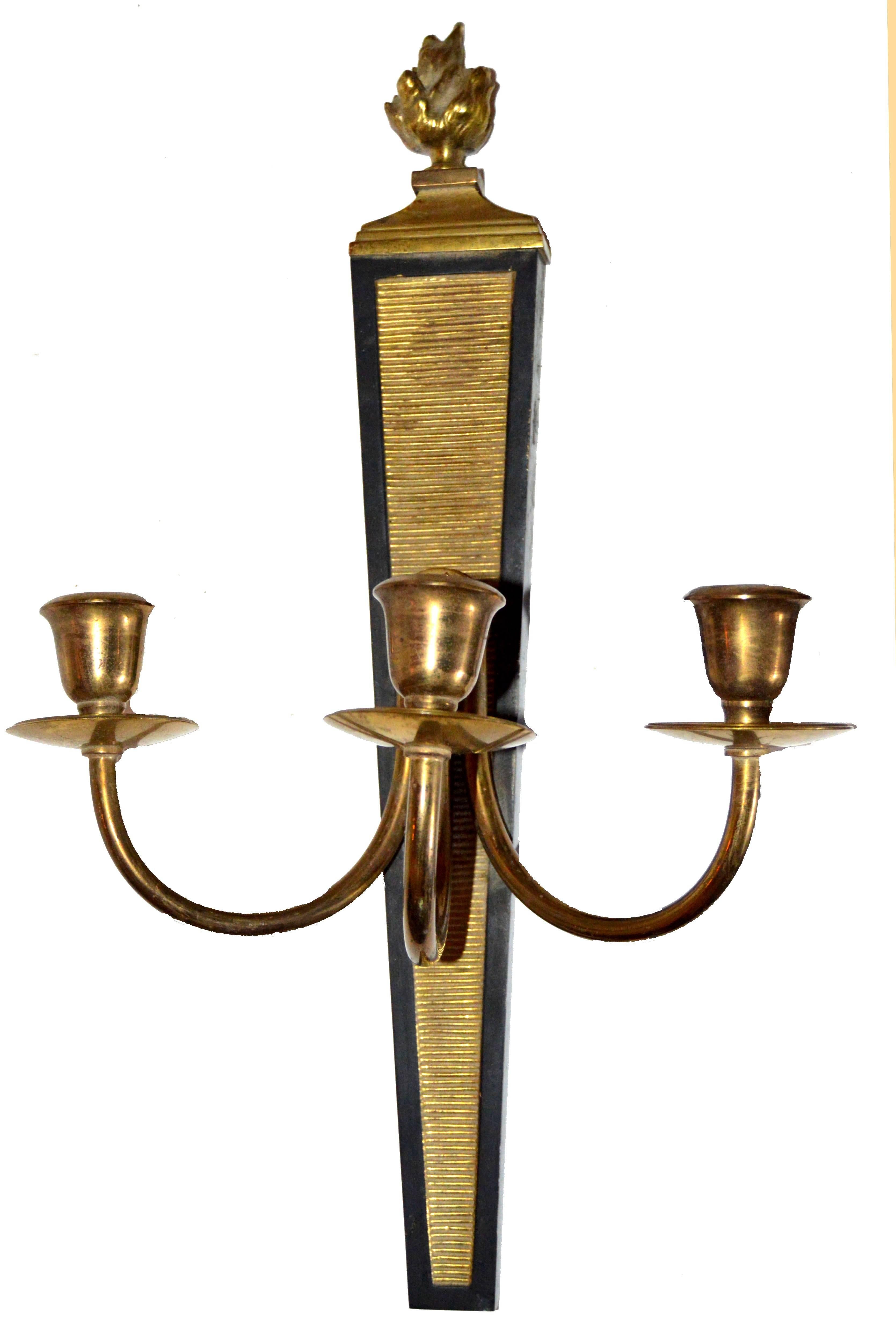 Superb pair of three arms bronze sconces by André Arbus.
US rewired and in working condition.
Three lights, 60 watts max per bulb.
Have a look on our impressive collection of French and Italian Mid Century  Period  Sconces......More than 100