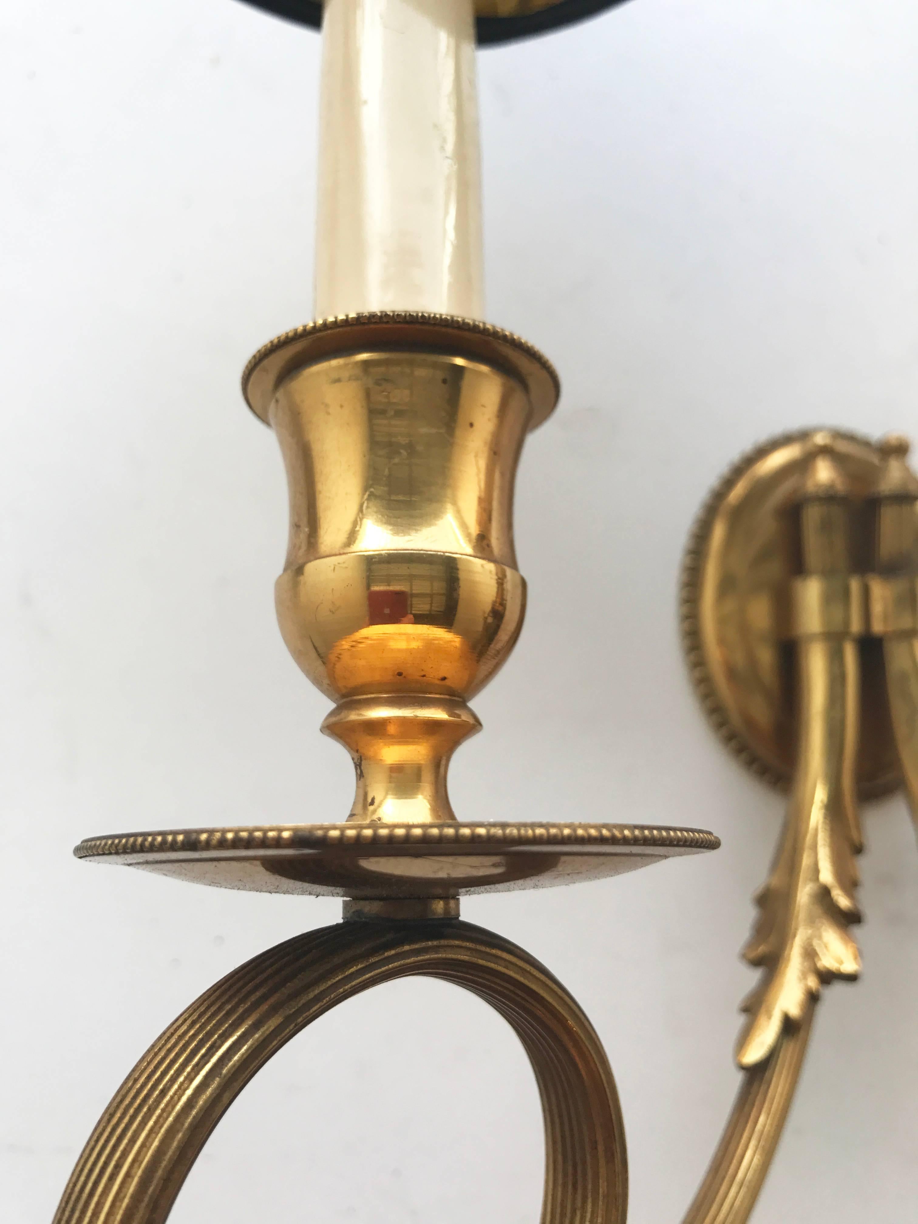 Superb pair of bronze Maison Bagues sconces
three pairs available, priced by pair
two arms, two lights, 60 watt max bulb.
US rewired and in working condition.

 