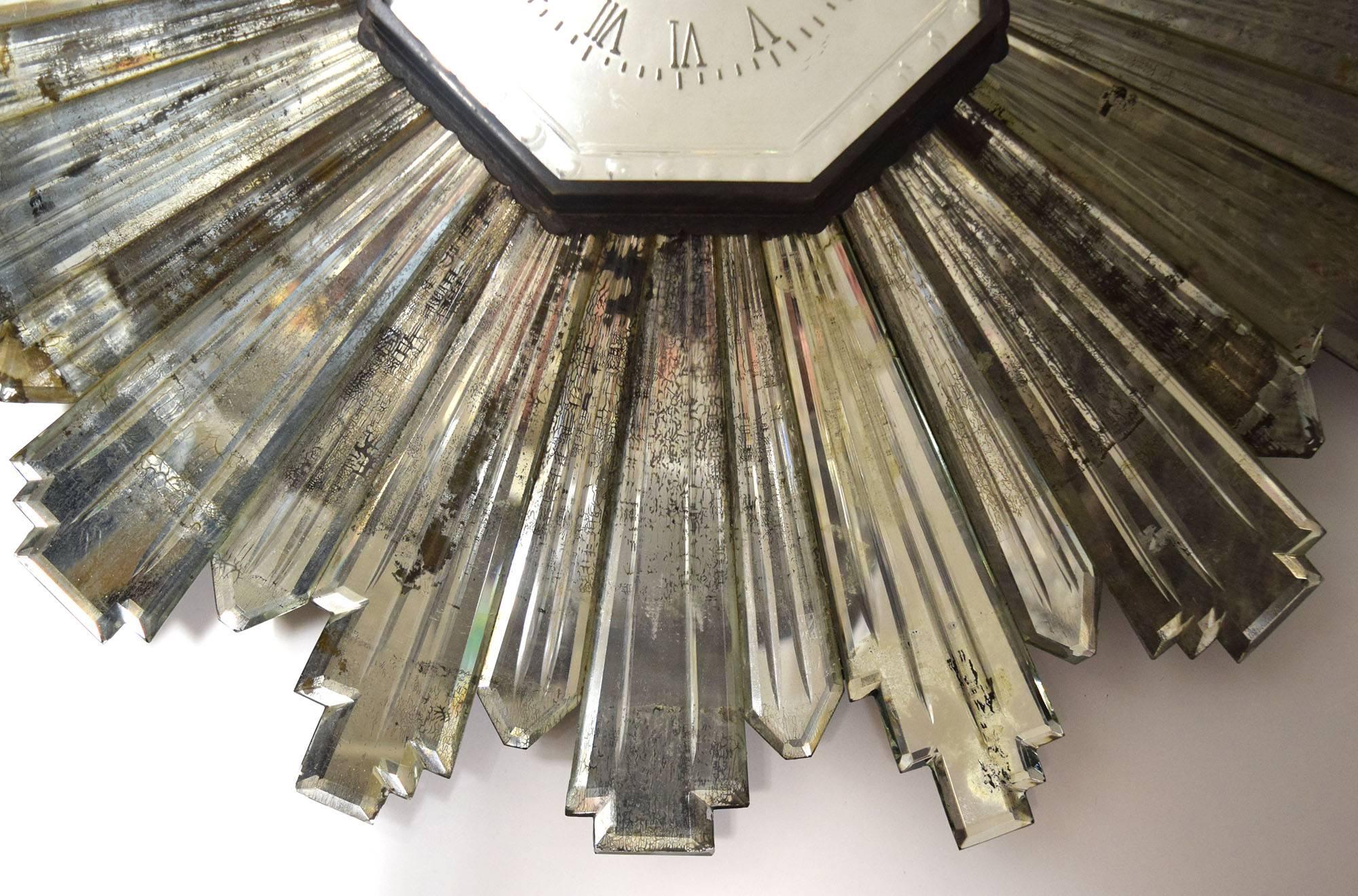 Art Deco French 1930s Mirrored Sunburst Clock