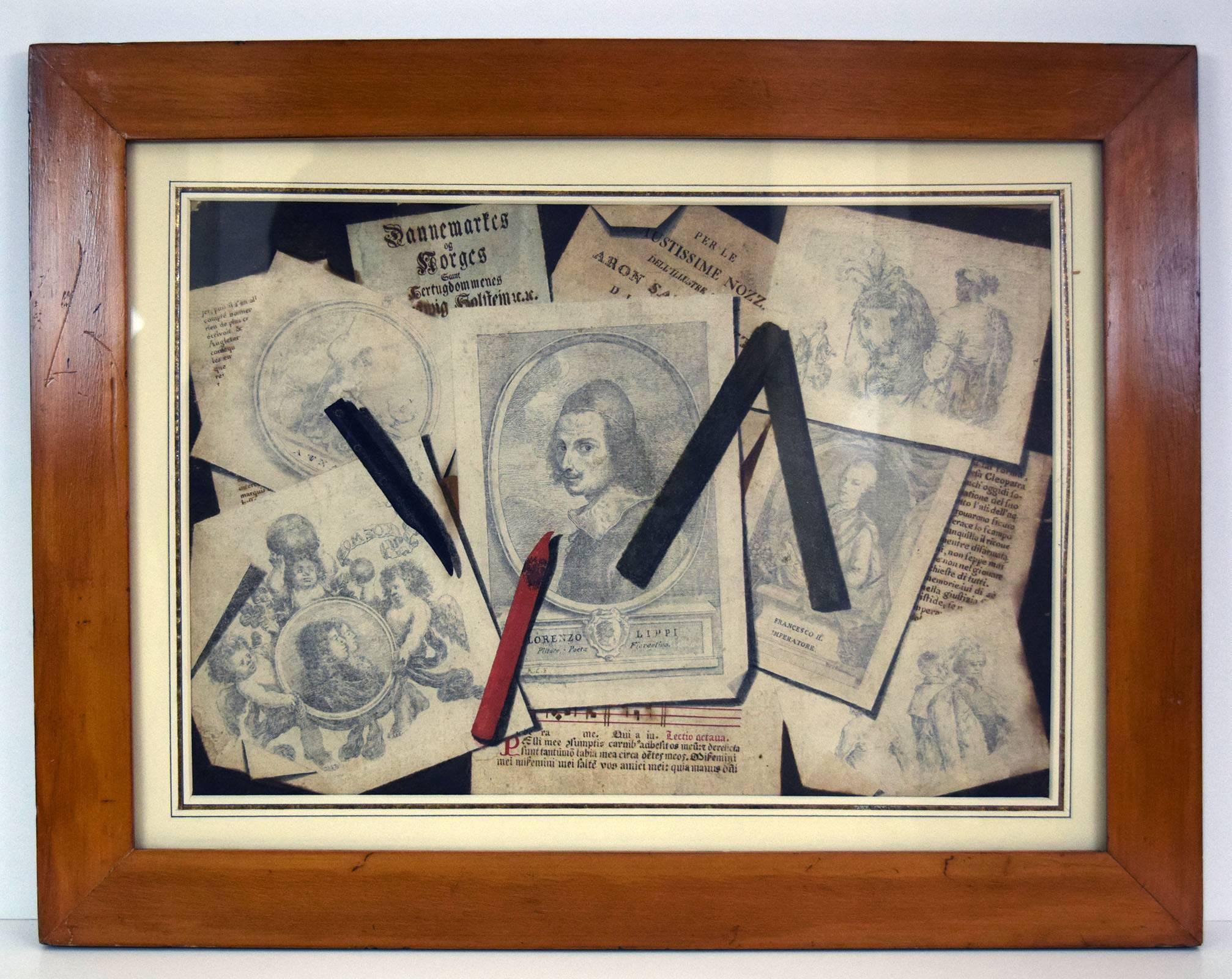 This trompe l'oeil drawing depicts the artist's tools -- a black and a red crayon, and a folding steel ruler that was painted with silver pigments, which have blackened with age. They're shown on a sheaf of papers that include a medieval manuscript