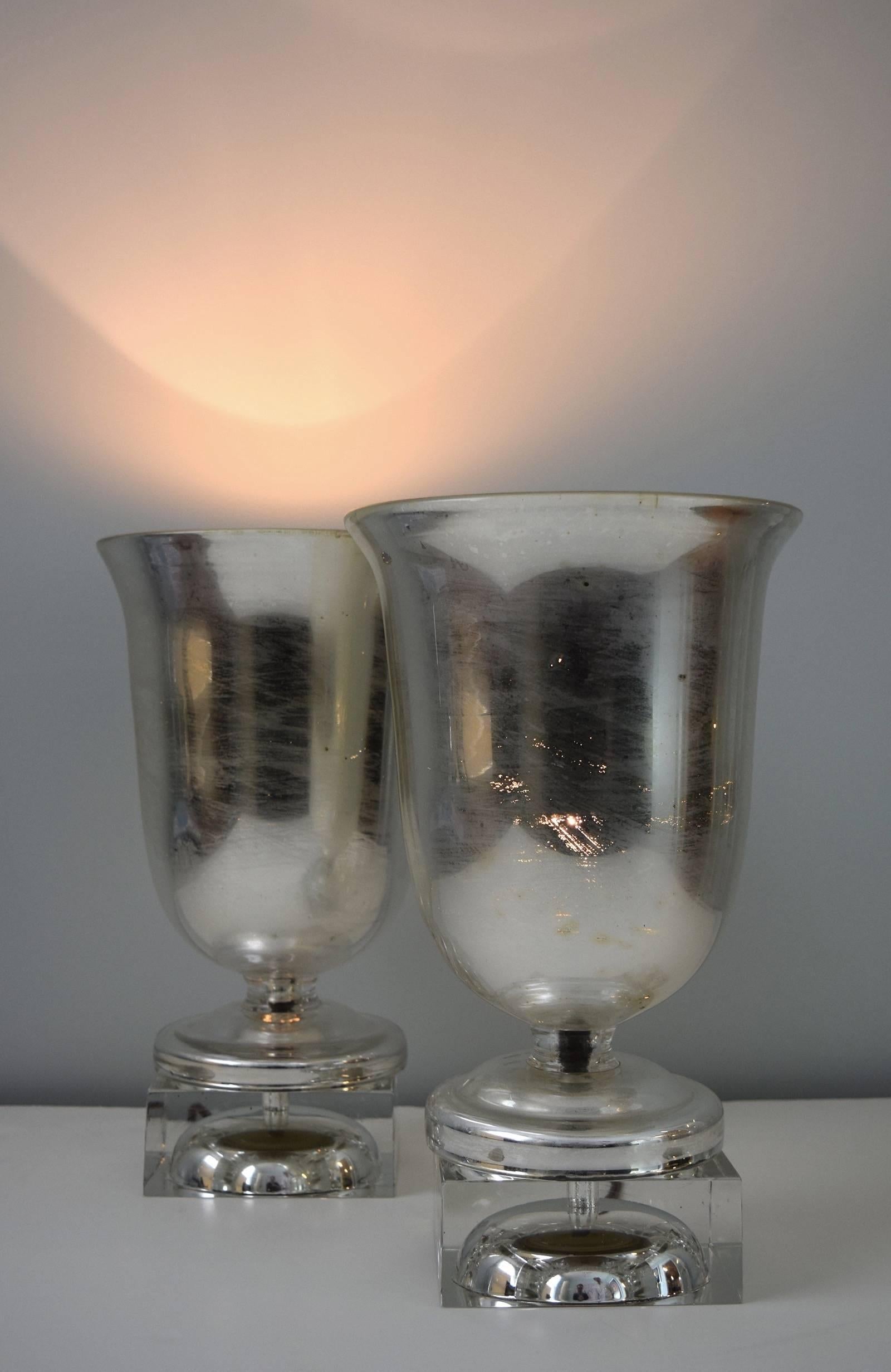 Mid-20th Century Pair of 1930s Silvered-Glass Urn Lamps by Steuben