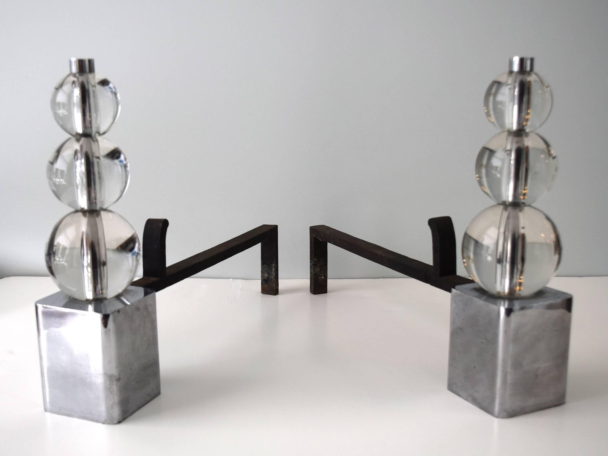 Art Deco Steuben Glass Andirons with Chrome-Plated Bases from the 1930s