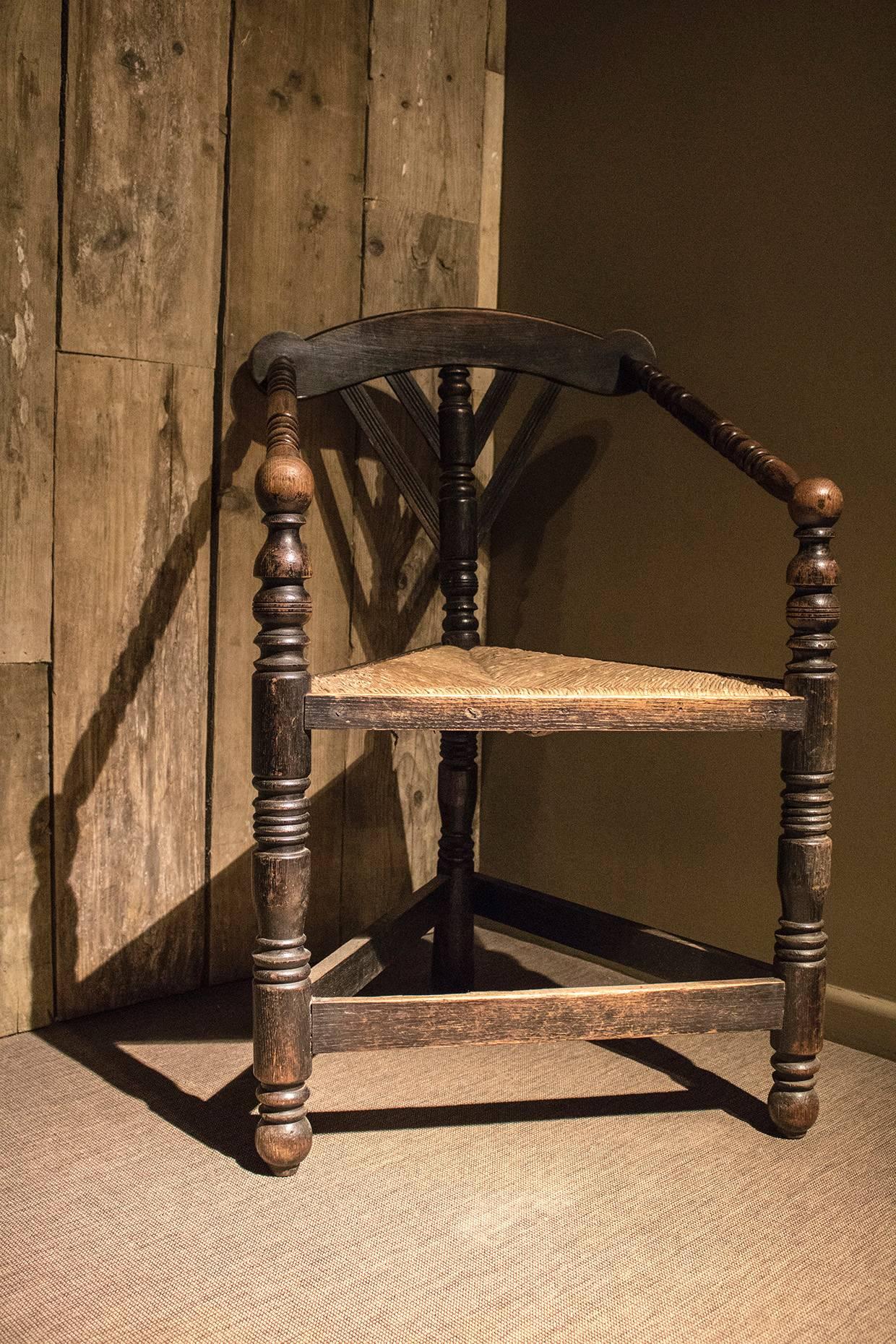 Lovely example with bobbin detailing and rush seat, circa late 19th century, great decorative order.