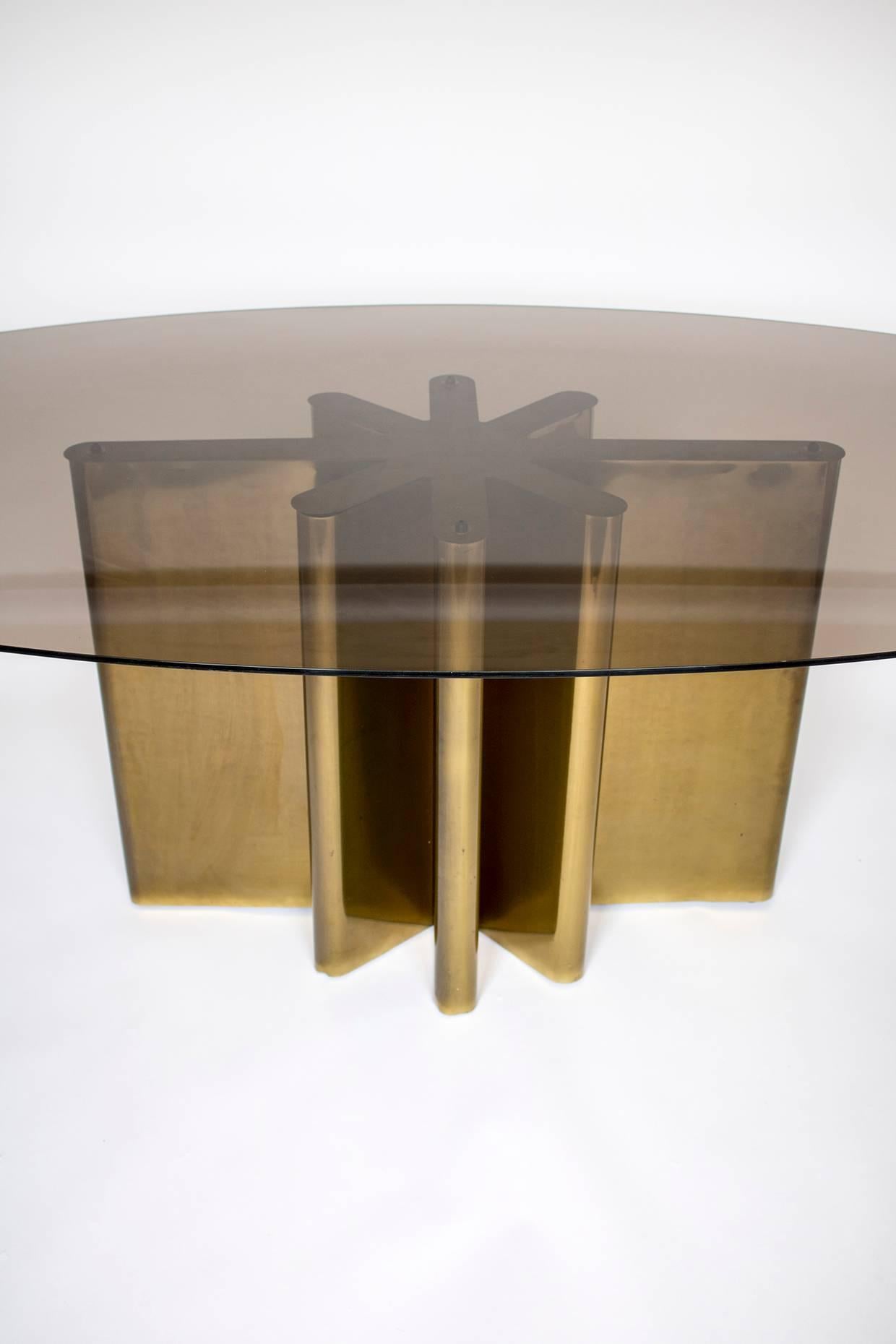 Mid-Century Modern Large Mid-Century Bronze Geometric Bronze Star Form Smoke Glass Table For Sale