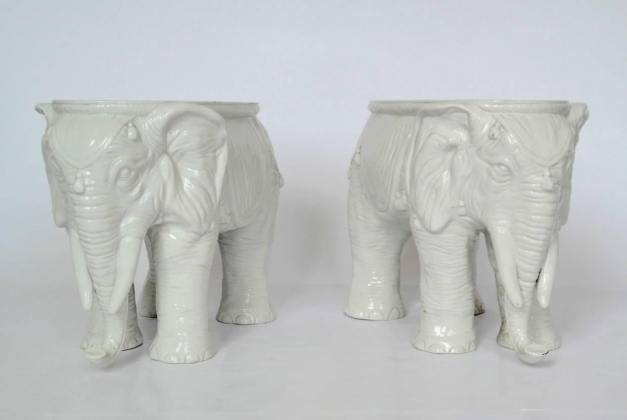 Anglo-Indian Pair of Vintage Ceramic Indian Elephant Stools / Garden Stoneware Seats