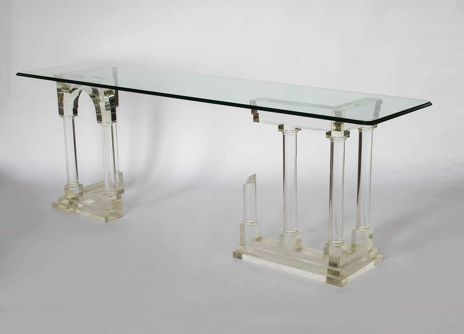 Mid-Century Modern Architectural Pillar Console Table in Perspex Lucite Columns, Mid-Century For Sale