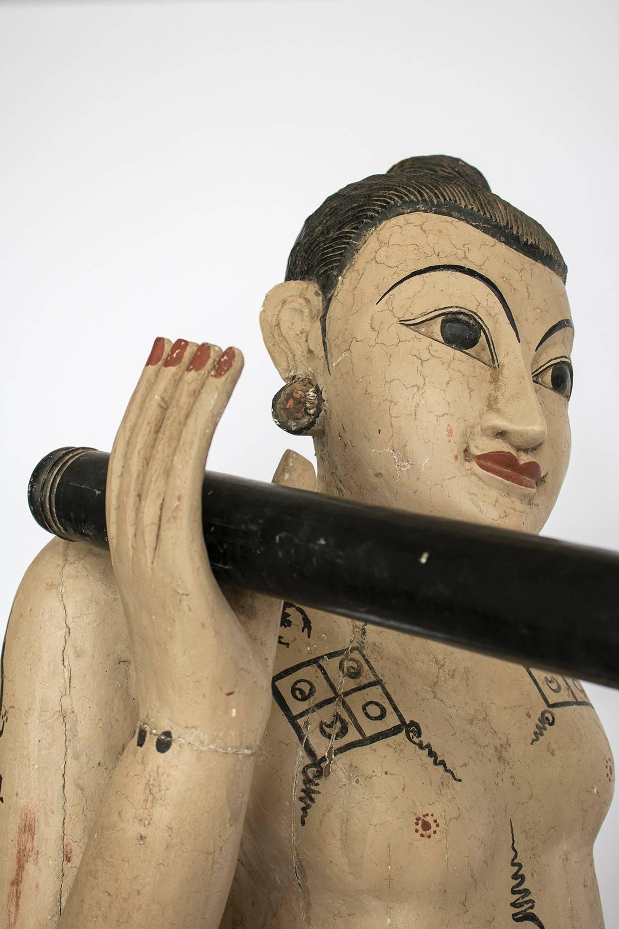 Unusual Burmese Gong Early 20th Century Carved Teak Shan Figurative Statues For Sale 4