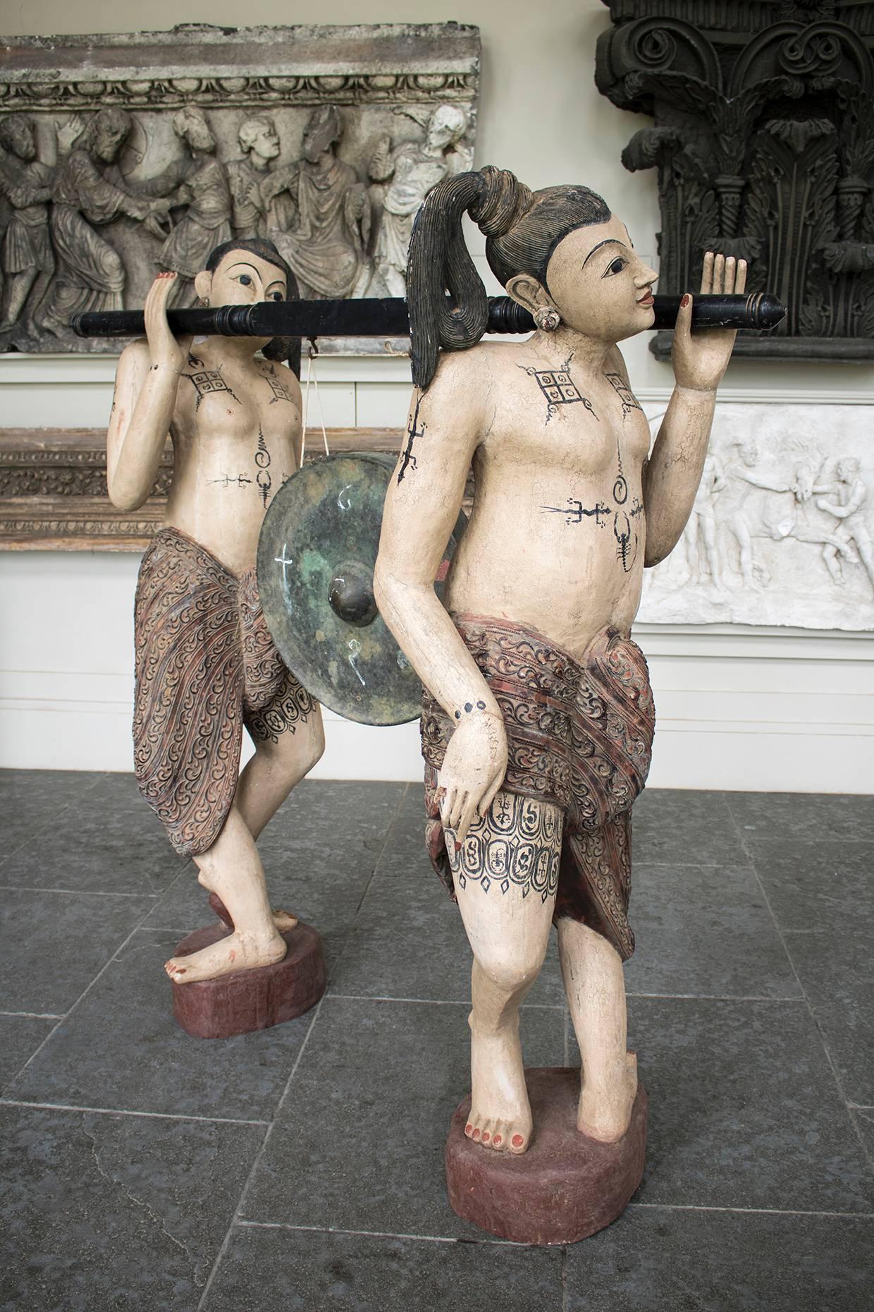 Other Unusual Burmese Gong Early 20th Century Carved Teak Shan Figurative Statues For Sale