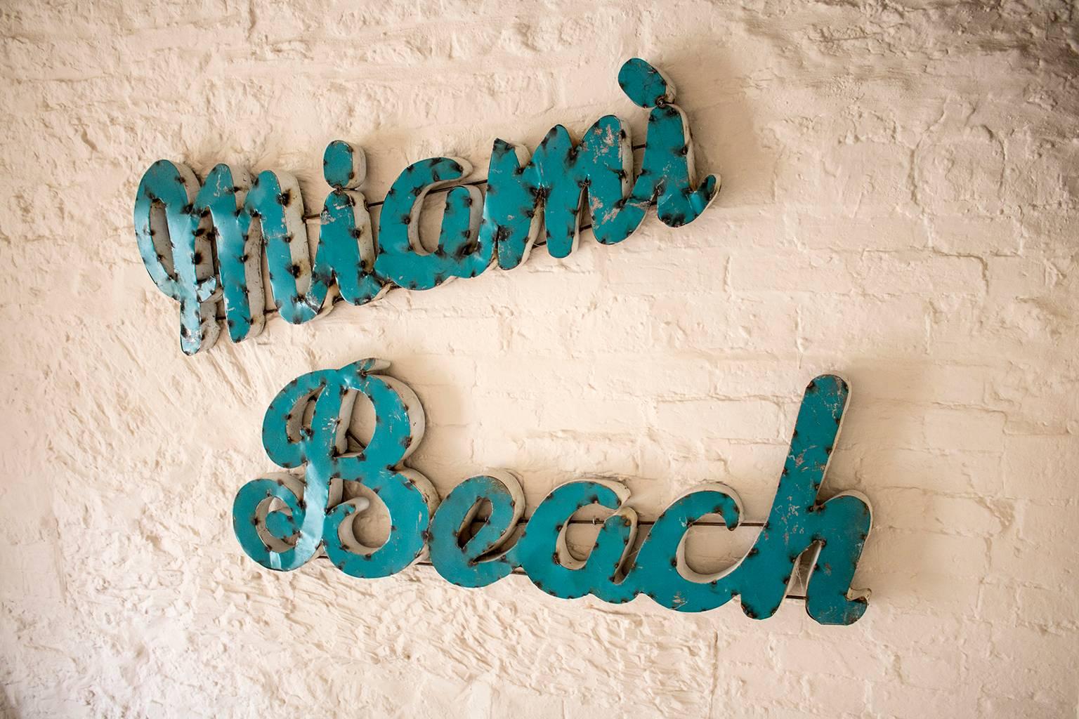 Huge Mid-Century 'Miami Beach' Vintage Metal Sign In Distressed Condition In Oxfordshire, GB