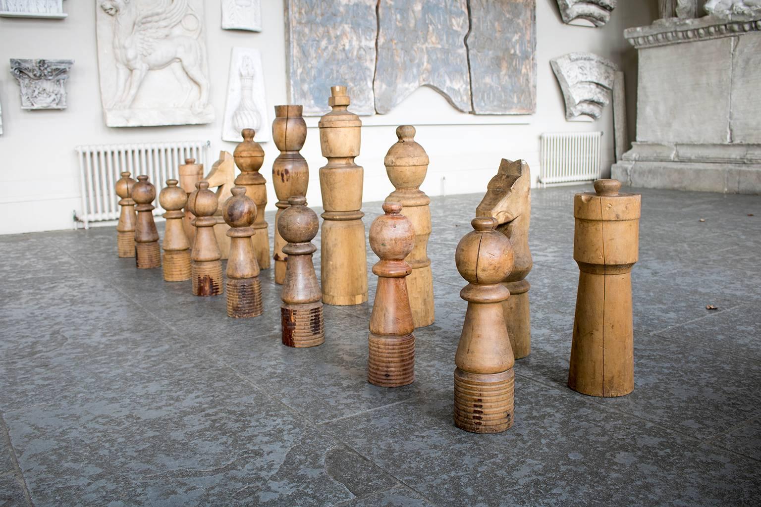 English Late 20th Century Monumental Chess Set in Turned Oak and Ash For Sale