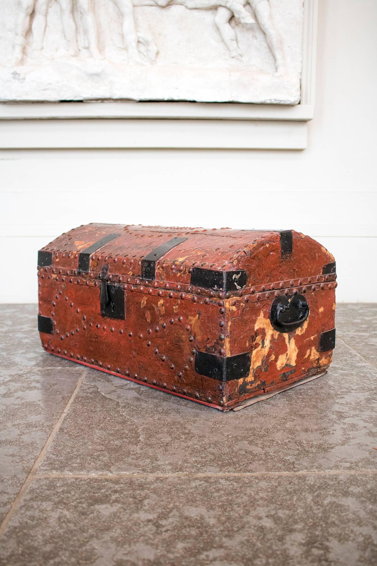 18th Century and Earlier Georgian Studded Red Leather Travelling Trunk by A. Runting