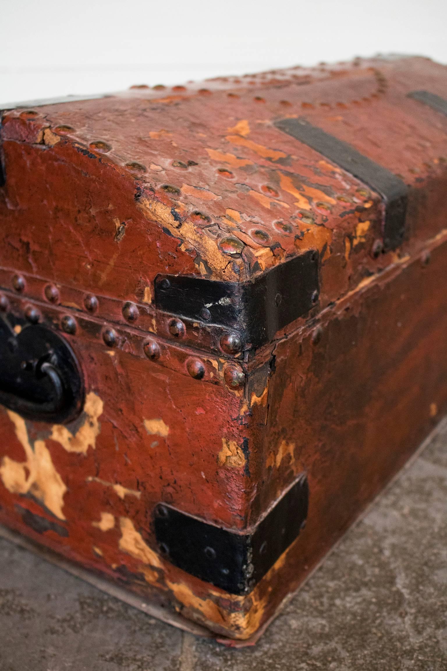 Georgian Studded Red Leather Travelling Trunk by A. Runting 2
