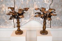 Hollywood Regency 1970s Pair of Palm Tree Brass Table Lamps