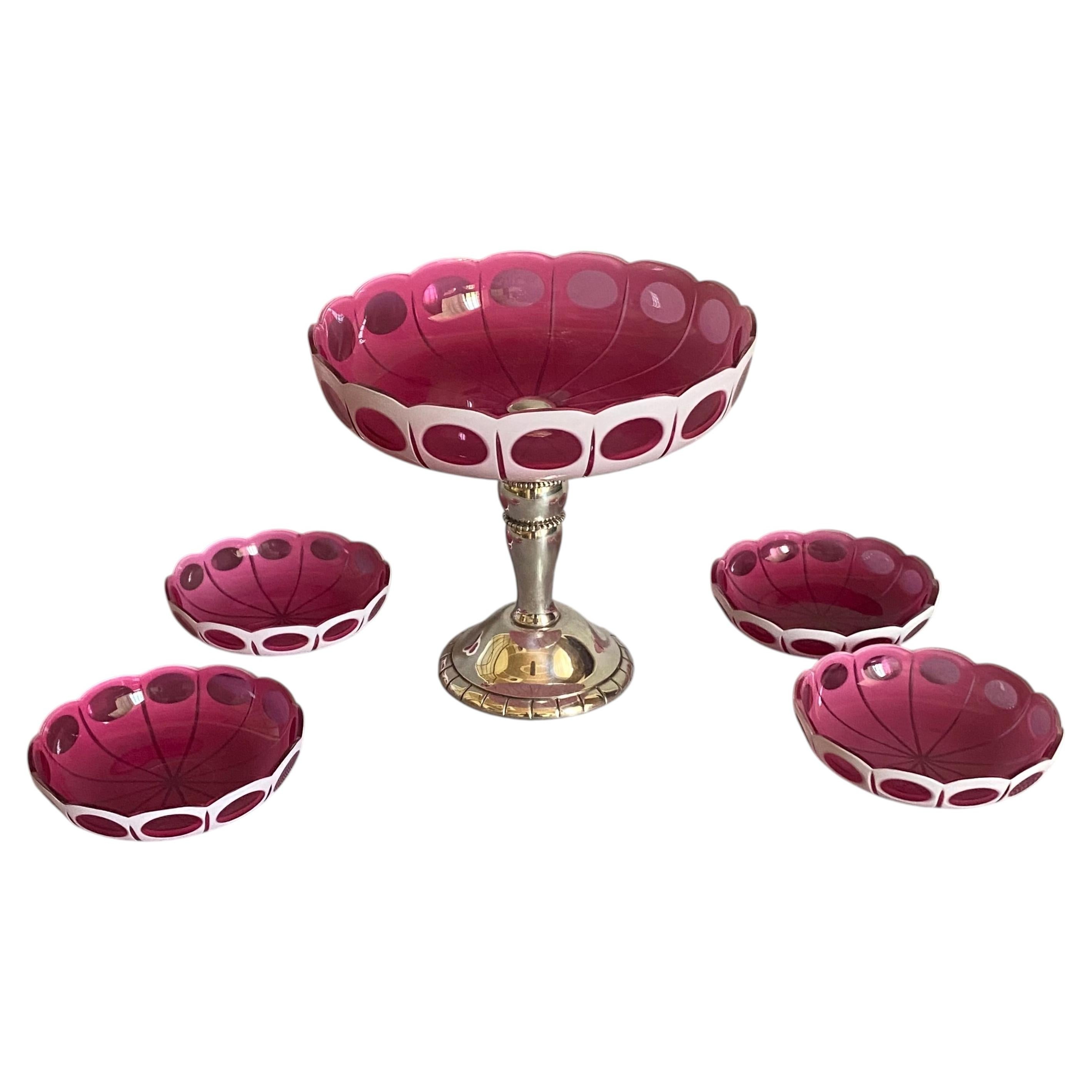 Vintage Ruby Overlay Glass on Silver Pedestal Stand Dessert Set, Bohemian 1890’s For Sale