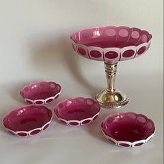 Vintage Ruby Overlay Glass on Silver Pedestal Stand Dessert Set, Bohemian 1890’s