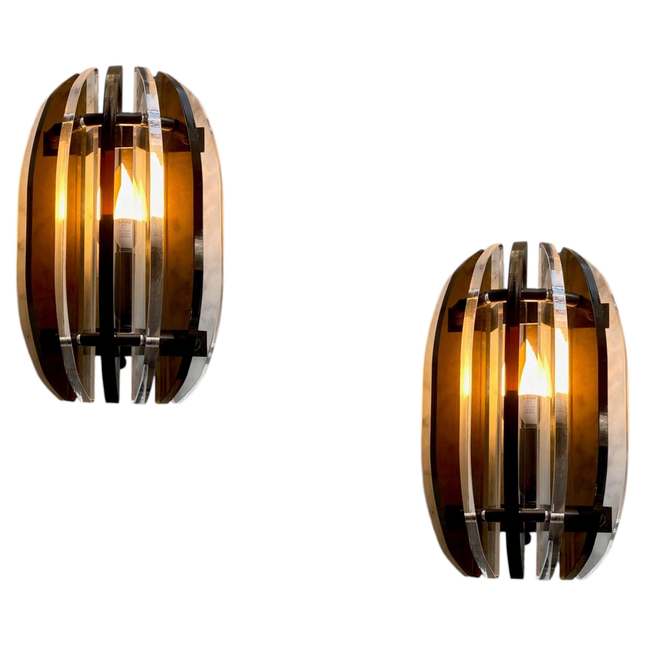 A Pair of Mid-Century Modern Lucite & Smoked Acrylic Wall Sconces, Germany 1980s For Sale
