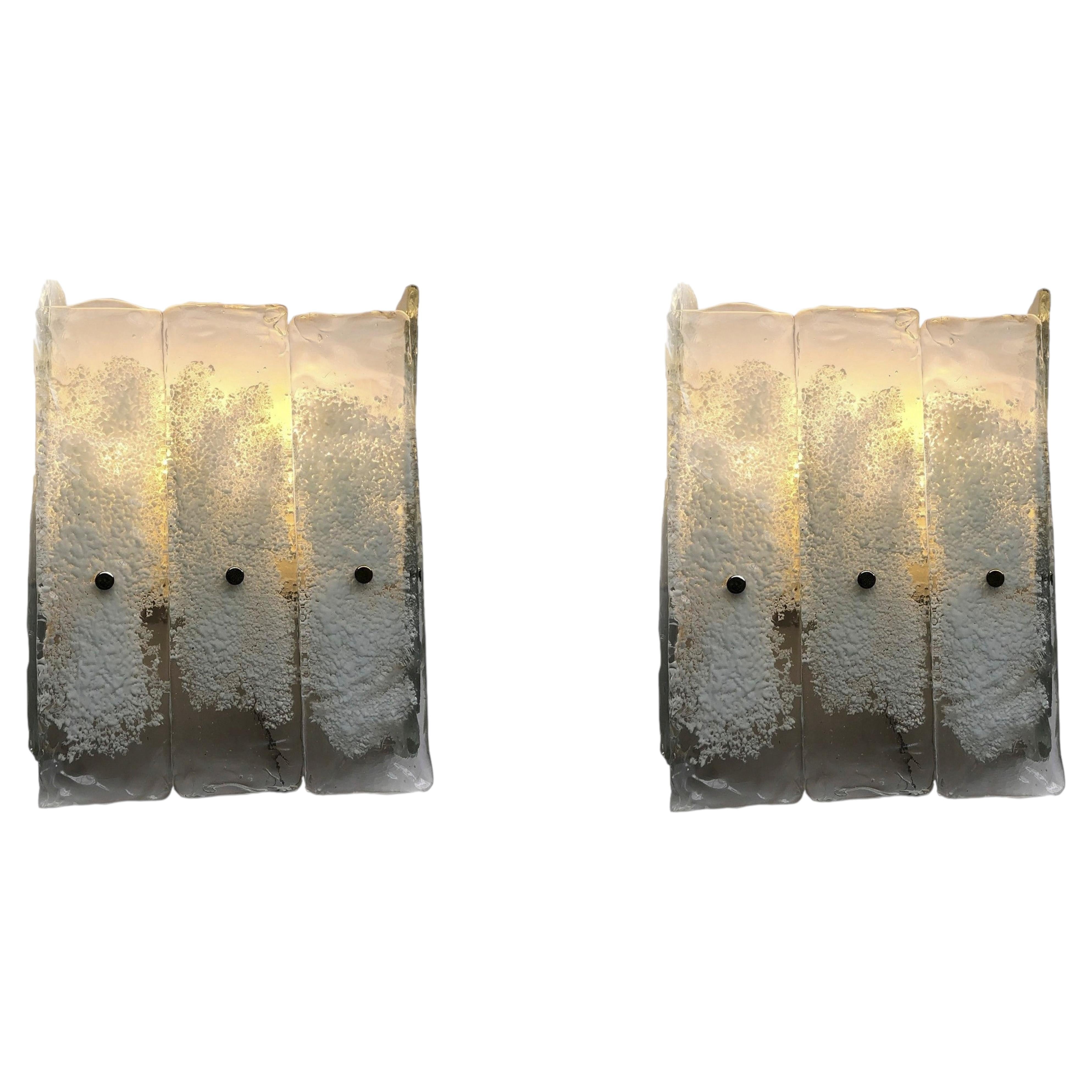1970s Murano "Winter" Ice Glass Wall Sconces (Pair) For Sale